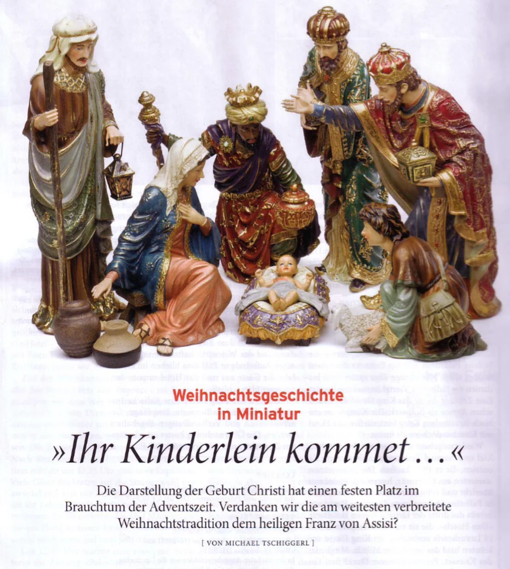 Artikel „Ihr Kinderlein kommet“ über die Weihnachtsgeschichte in Miniatur, mit Krippenfiguren
