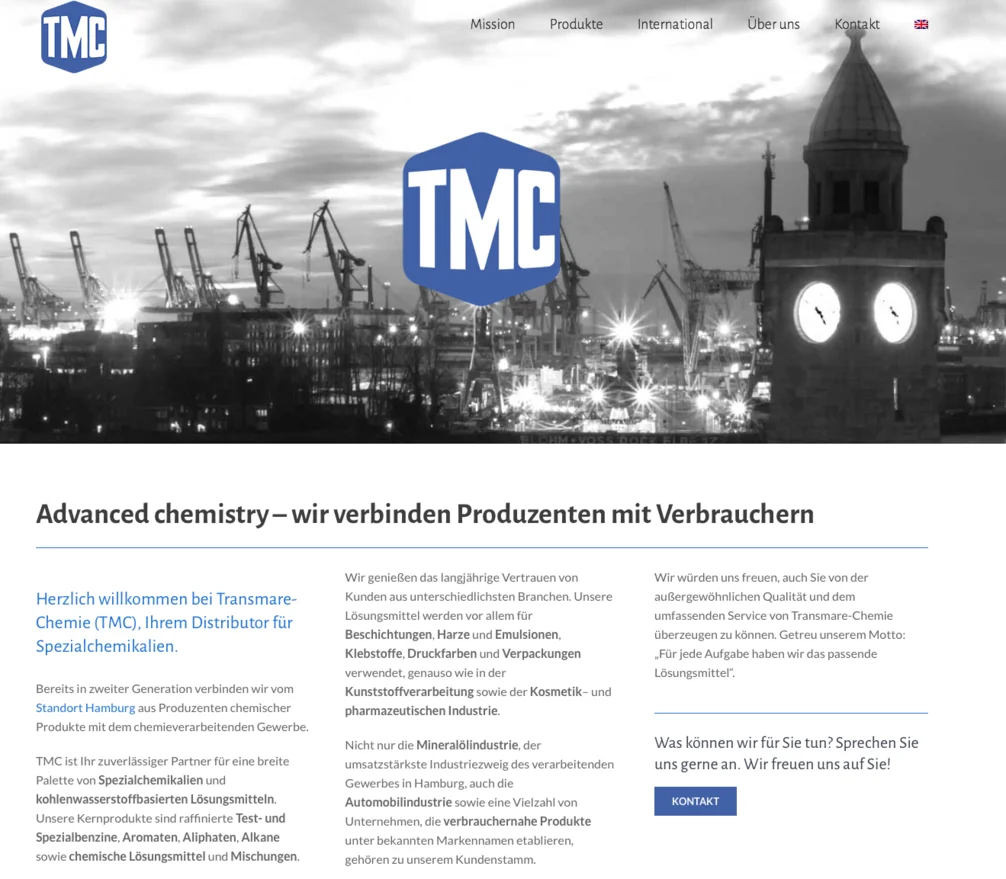 Startseite der Website der Transmare Chemie mit Hamburger Hafenpanorama