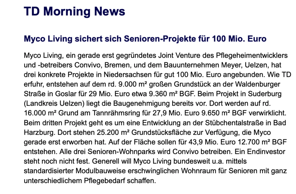 Meldung „Myco Living sichert sich Senioren-Projekte für 100 Mio. Euro“ aus den TD Morning News