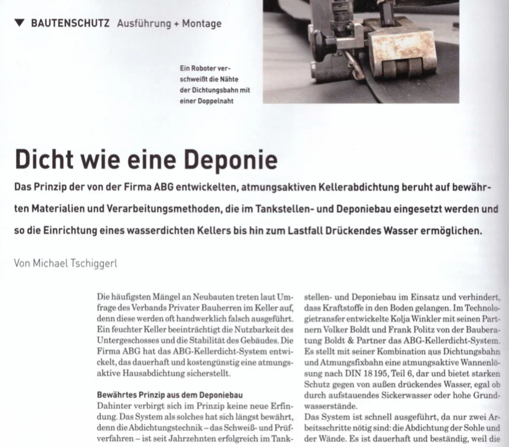 Fachartikel „Dicht wie eine Deponie“ über die Kellerabdichtung der ABG, mit Foto eines Schweißroboters
