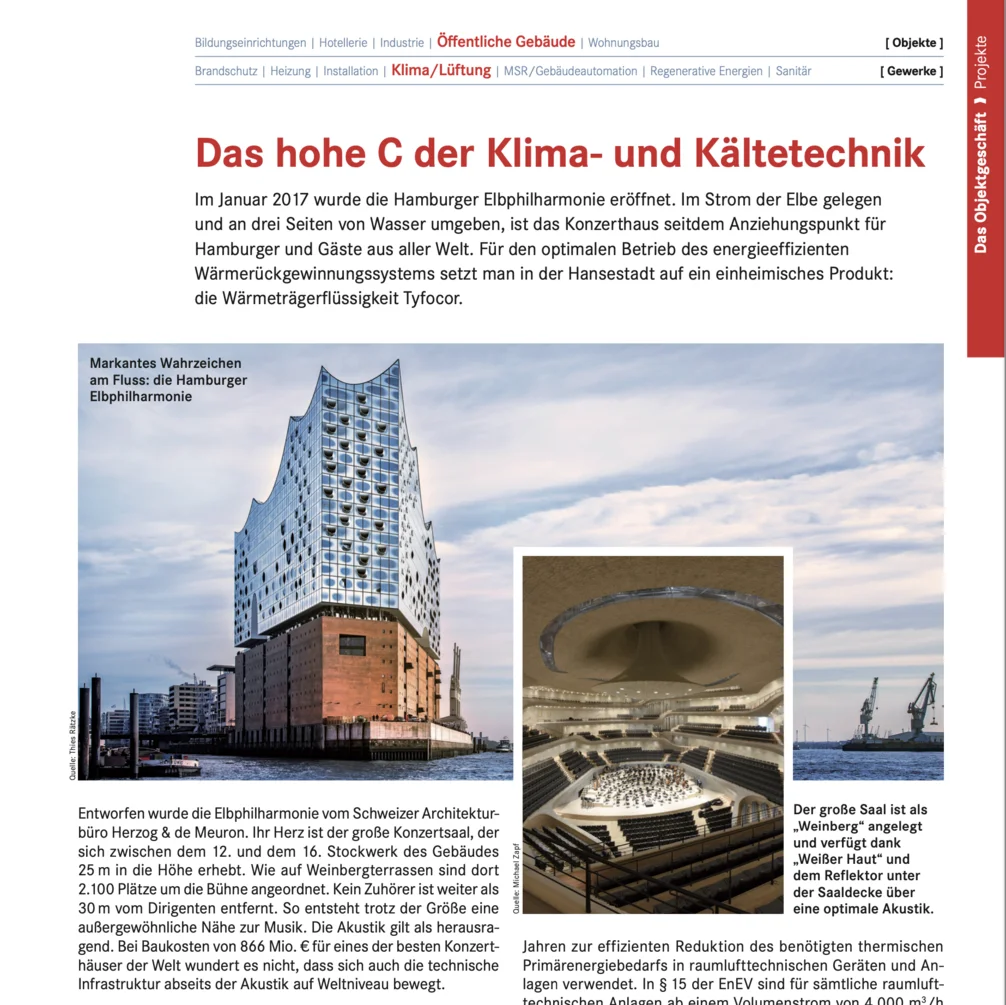 Fachartikel „Das hohe C der Klima- und Kältetechnik“ über die Elbphilharmonie, mit Außenansicht und Großem Saal