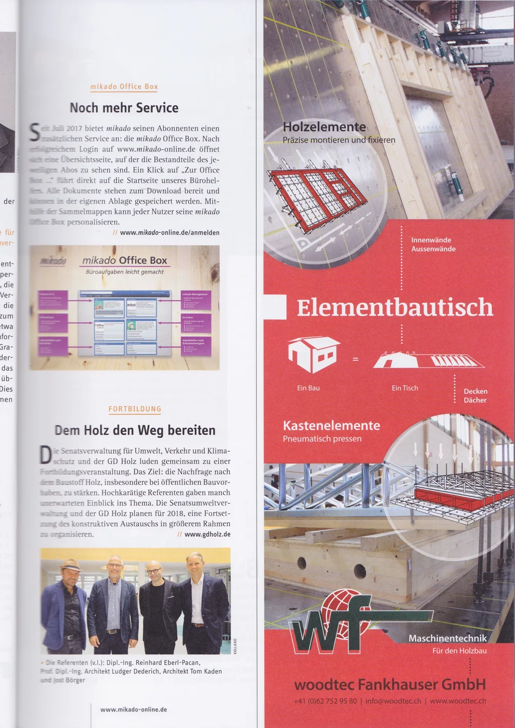 Zeitschriftendoppelseite mit einer Anzeige der woodtec Fankhauser GmbH für Elementbautische