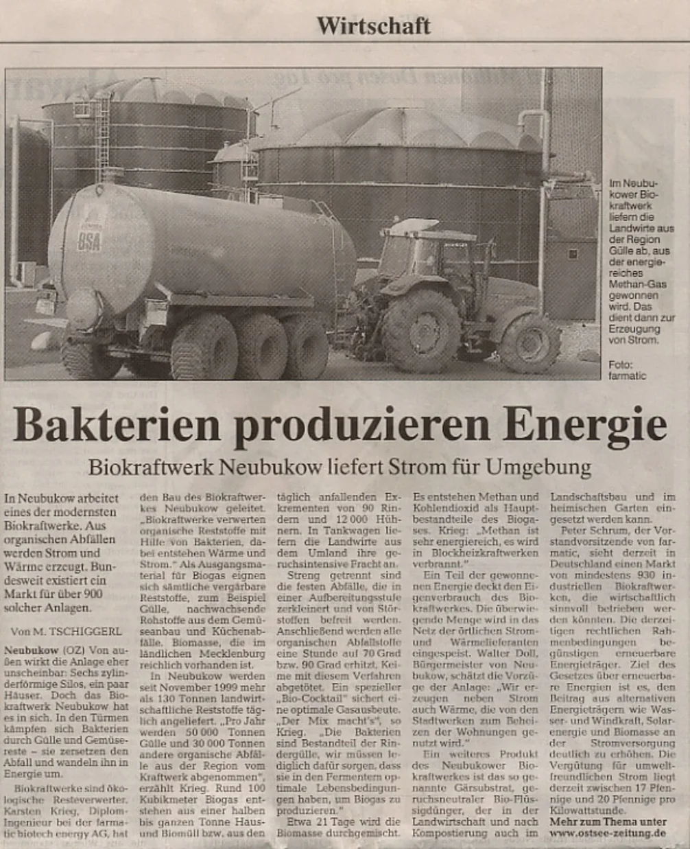 Zeitungsartikel „Bakterien produzieren Energie“ über das Biokraftwerk Neubukow, mit Foto eines Tankwagens