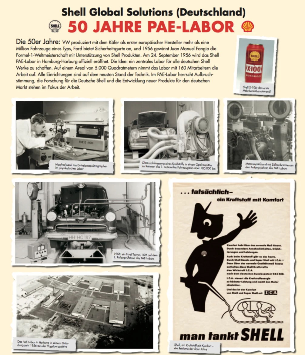 Ausstellungstafel „50 Jahre PAE-Labor“ von Shell Global Solutions mit historischen Fotos aus dem Labor